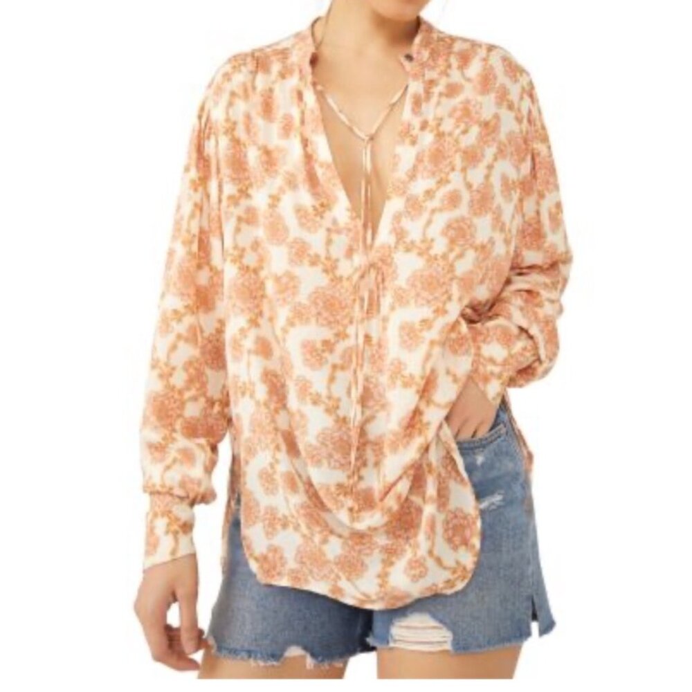 Free People Women's Sz S Mia Floral Print Boho Blouse Top 100% Viscose Peach